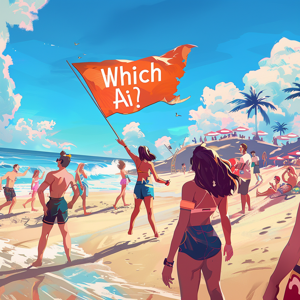 people at beach and girl holding a flag that says Which Ai?